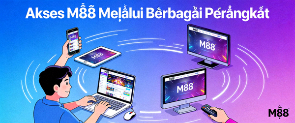 Animasi ilustrasi akses M88 melalui berbagai perangkat
